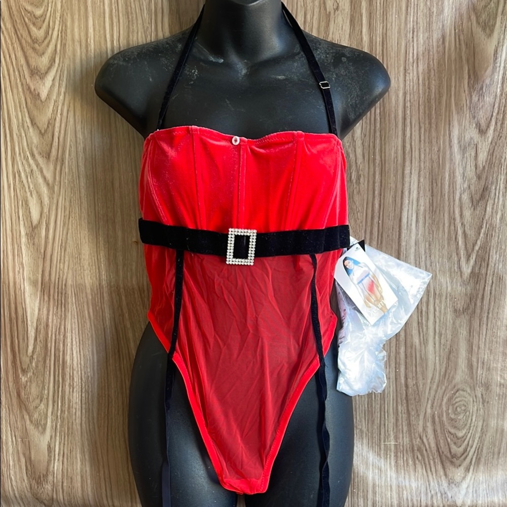 New Santa Red Strapless Bodysuit with Black Belt size L